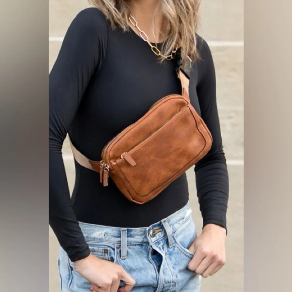 Brown Leather Crossbody Bag Vegan Leather Everywhere Sling Belt Bag - Picture 1 of 3